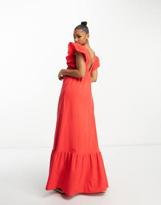 Miss Selfridge Poplin Sleeve Smock Maxi Dress In Red