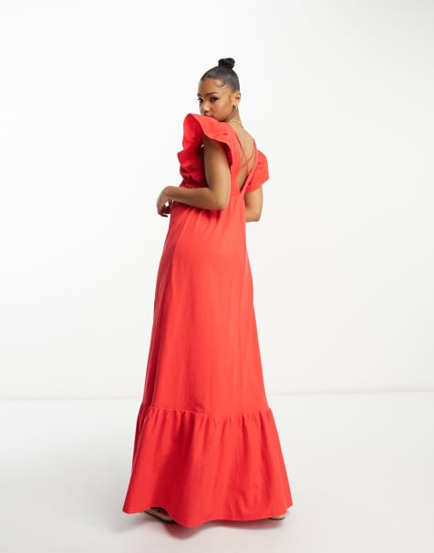 Miss Selfridge poplin sleeve smock maxi dress in red - view 1