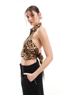 Miss Selfridge poplin sleeveless bow back shirt in animal print-Multi