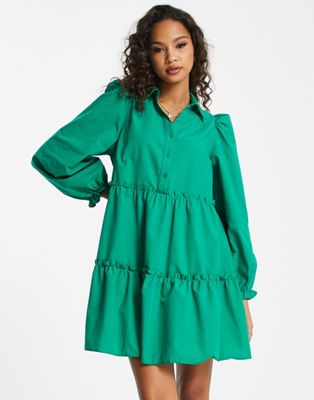 Miss Selfridge poplin smock shirt dress in green | ASOS