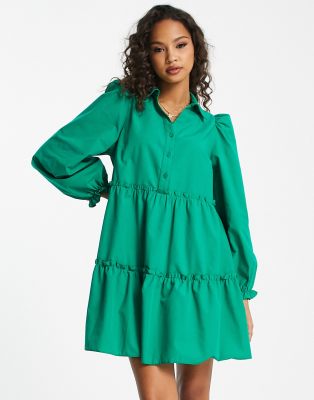 Miss Selfridge poplin smock shirt dress in green | ASOS