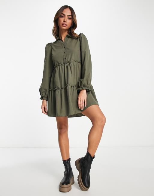 Miss Selfridge poplin smock shirt dress in olive | ASOS