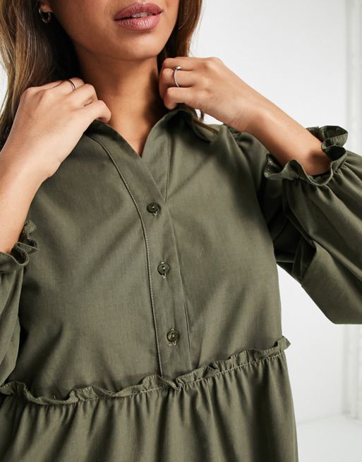 Miss Selfridge poplin smock shirt dress in olive | ASOS