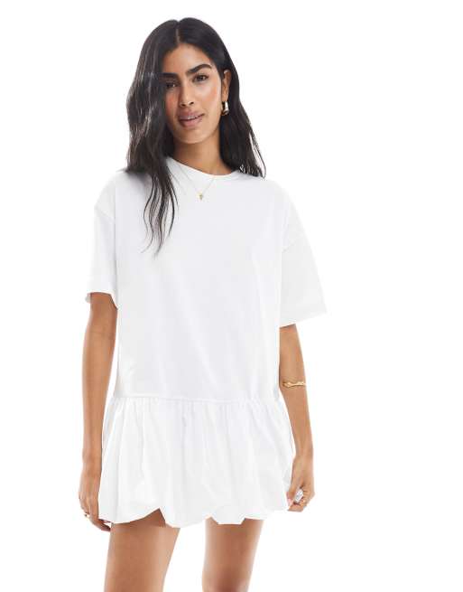 Miss Selfridge poplin soft rib knit dropped waist dress in white