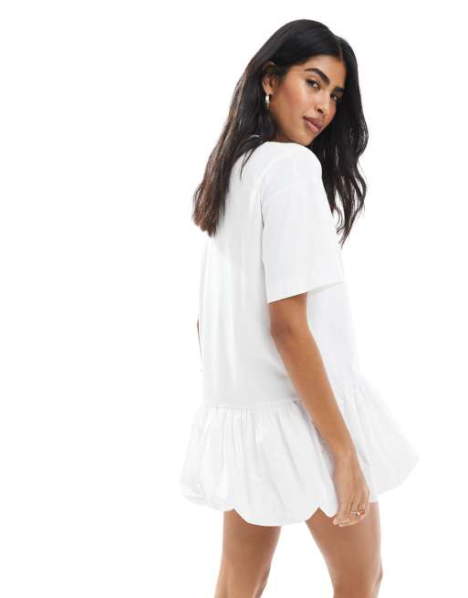 Miss Selfridge poplin soft rib knit dropped waist dress in white