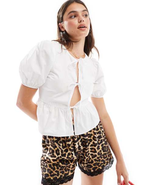 Miss Selfridge poplin tie front puff sleeve top in white - view 1