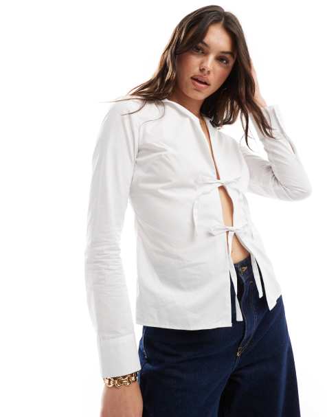 Miss Selfridge poplin tie front shirt in white - view 1