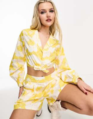 Miss Selfridge Poplin Tie Front Shirt In Yellow Tropical - Part Of A Set-multi