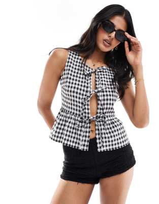 Miss Selfridge Poplin Tie Front Sleeveless Top In Black Gingham