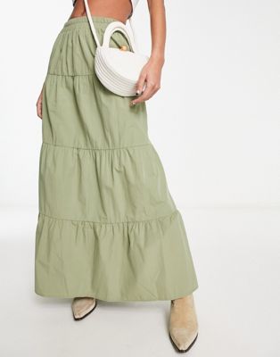 Miss Selfridge poplin tiered maxi skirt in khaki