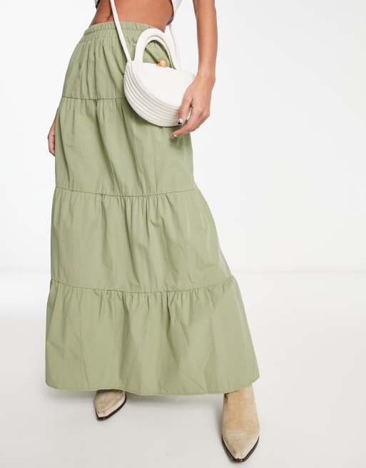 Miss Selfridge poplin tiered maxi skirt in khaki