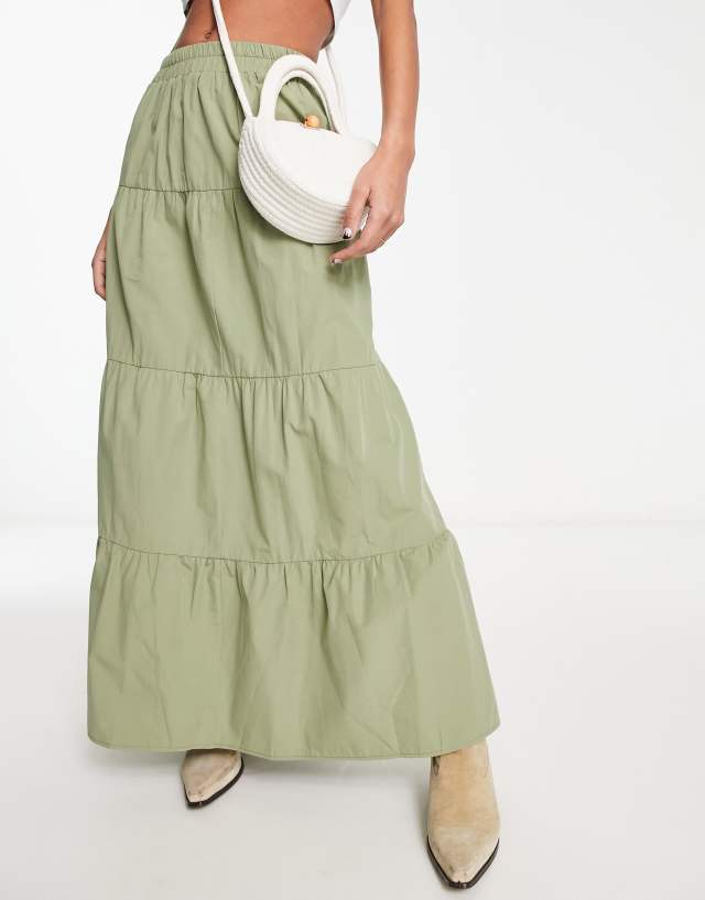 Miss Selfridge - poplin tiered maxi skirt in khaki