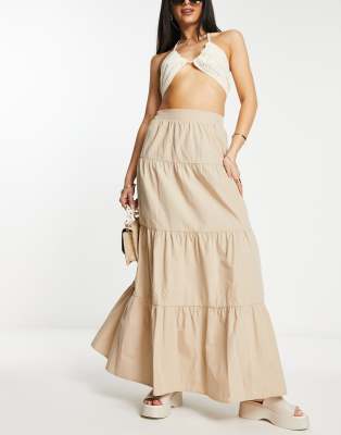 Miss Selfridge poplin tiered maxi skirt in stone - ASOS Price Checker