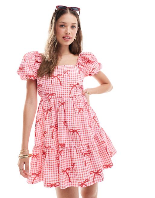 Miss Selfridge poplin tiered mini smock dress in pink gingham bow print