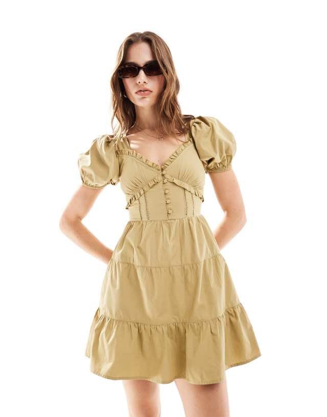 Miss Selfridge - poplin tiered mini tea dress in khaki