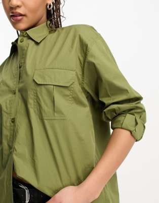 Miss Selfridge poplin utility oversized shirt in khaki