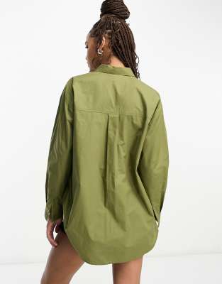 Miss Selfridge poplin utility oversized shirt in khaki