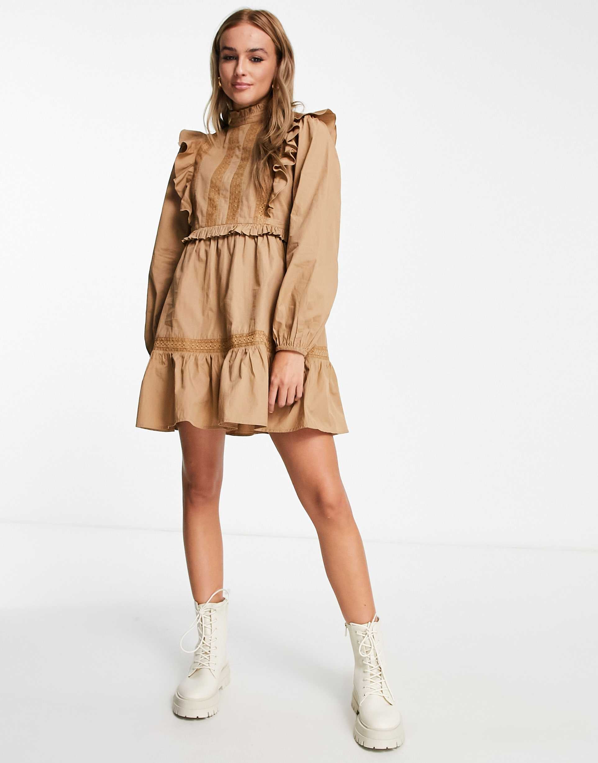 miss selfridge poplin victoriana lace insert mini dress in camel