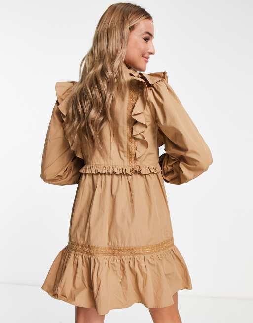 Miss Selfridge poplin victoriana lace insert mini dress in camel 
