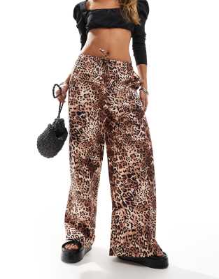 poplin wide leg pull on pants in animal print - part of a set-Brown