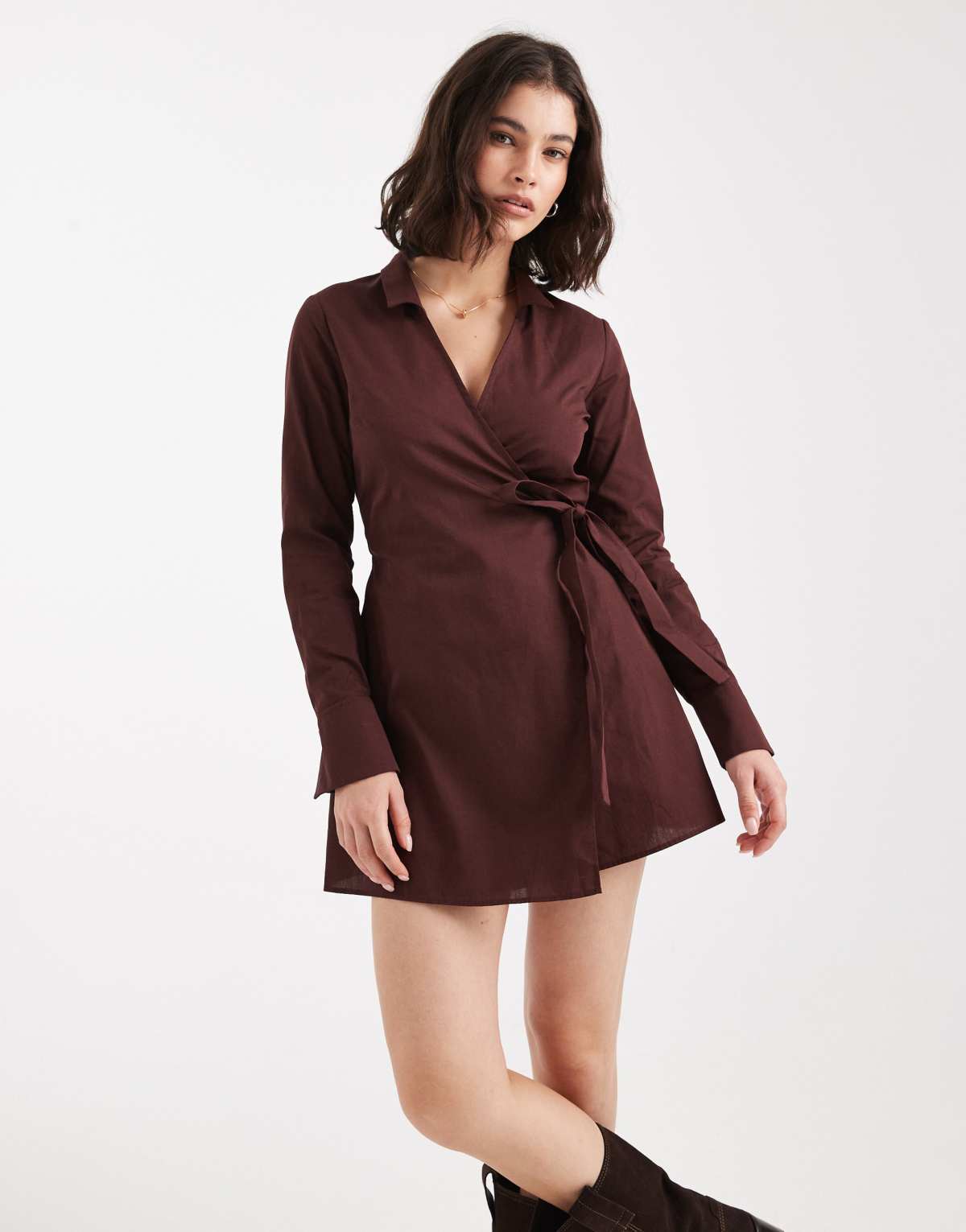 Miss Selfridge poplin wrap mini dress in chocolate