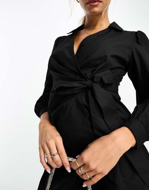 Miss Selfridge poplin wrap shirt dress in black