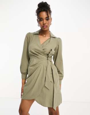 poplin wrap shirt dress in khaki-Green