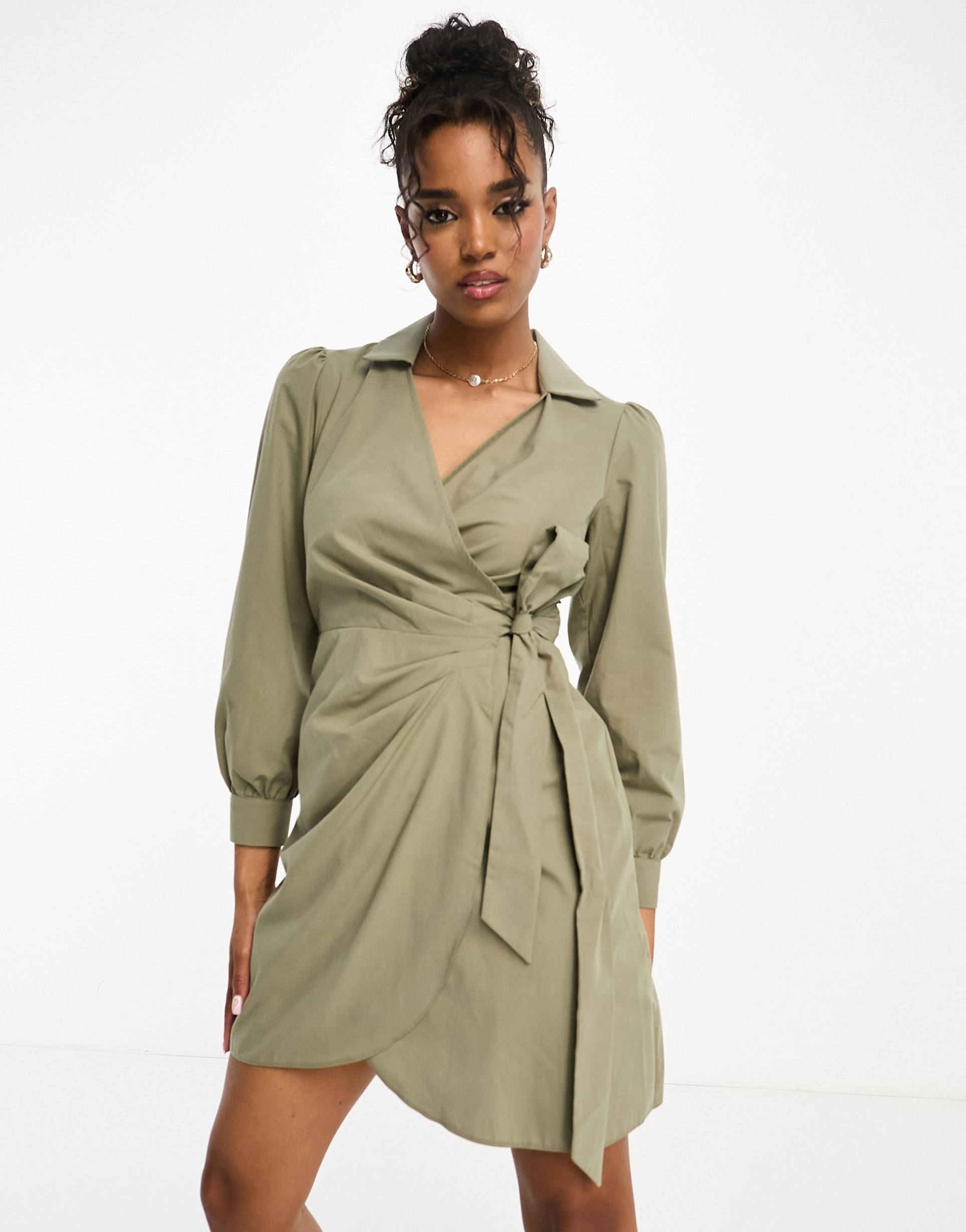 miss selfridge poplin wrap shirt dress in khaki