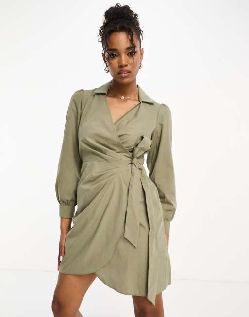 Miss Selfridge poplin wrap shirt dress in khaki 