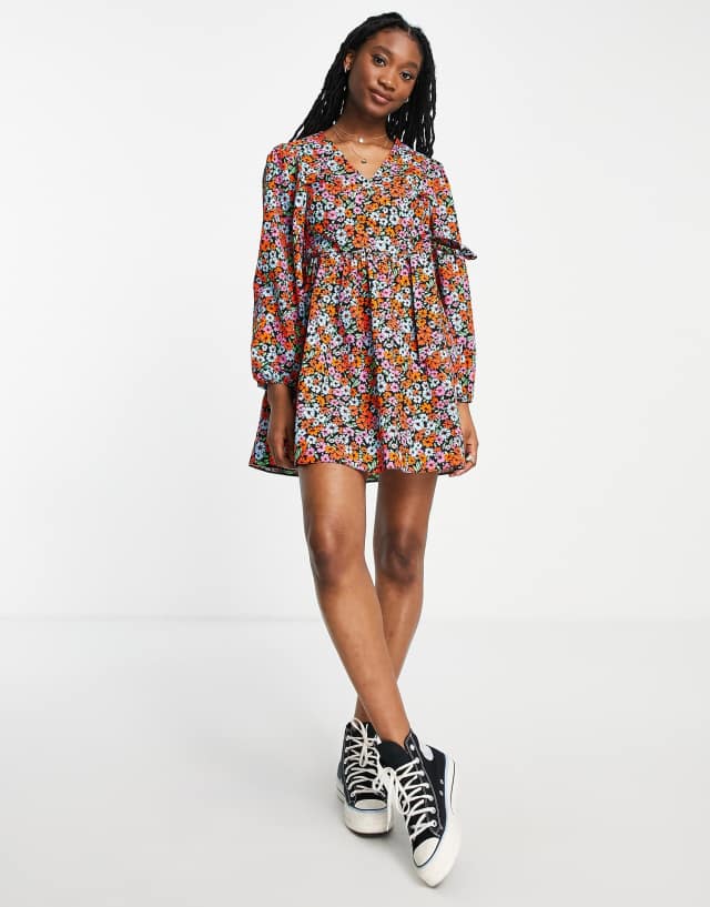 Miss Selfridge poplin wrap smock dress in bright cluster floral