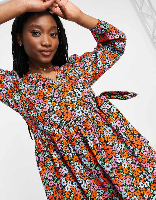 Miss Selfridge poplin wrap smock dress in bright cluster floral ASOS