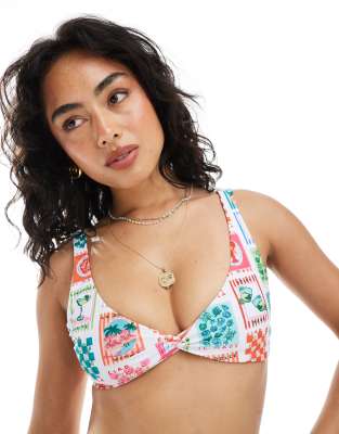 Miss Selfridge Postcard Print Twist Detail Bikini Top-multi