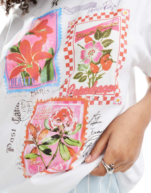 Miss Selfridge postcards oversized tee in white, 3 of 4
