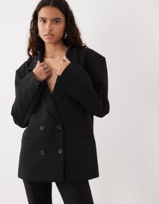 Miss Selfridge Power Shoulder Double Breasted Blazer In Black