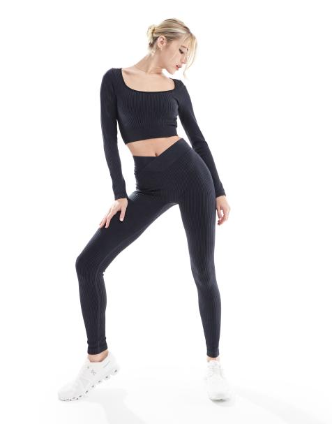 Miss Selfridge – Prążkowane bezszwowe legginsy z talią w kształcie litery V w spranym grafitowym kolorze, część zestawu - view 1