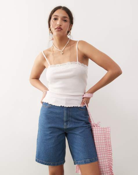 Miss Selfridge lace trim rib cami top in pale pink