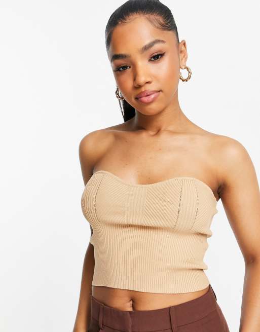 Miss Selfridge – Prążkowany modelujący top bandeau z dzianiny w camelowym kolorze - CAMEL, 2 z 4