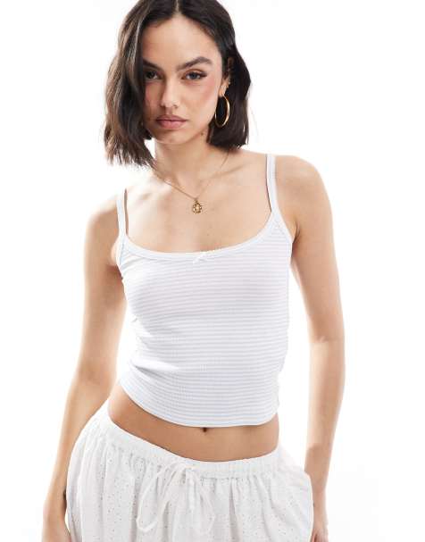 Miss Selfridge ribbed bow trim cami top in stripe