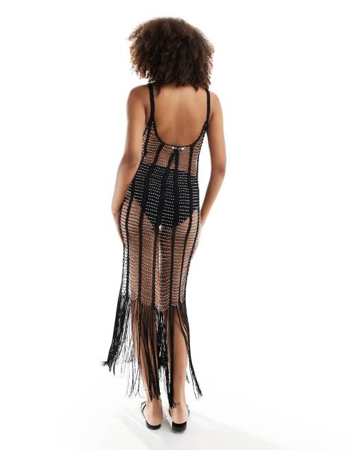 Miss Selfridge premium beach crochet midi dress in black, 2 of 4
