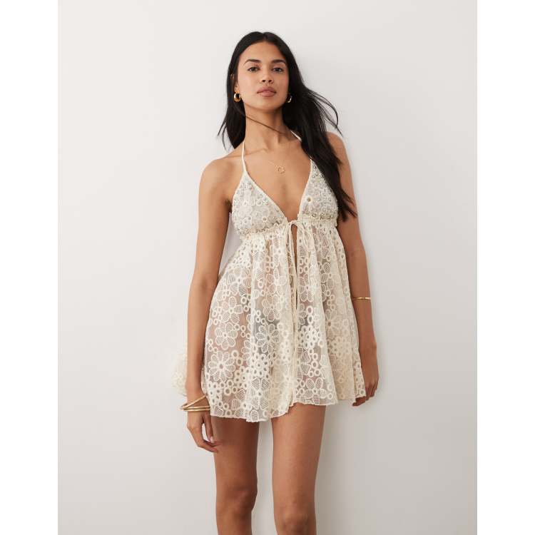 Miss Selfridge premium beaded lace tie front mini beach cover up