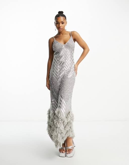 Silver long gown on sale design