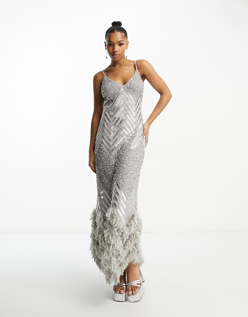 Miss Selfridge Premium Bridal Embellished Maxi Dress With Faux Feather Trim Detail In Silver
