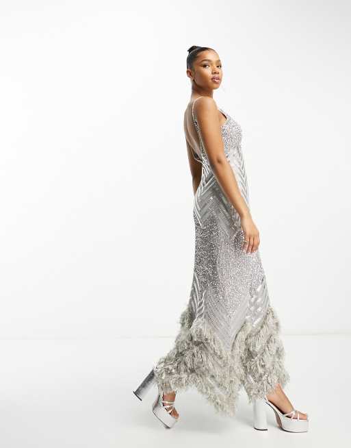 Asos design embellished sequin maxi hot sale dress with faux feather trim