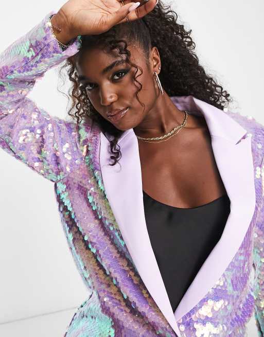 Miss Selfridge Premium disc sequin blazer with contrast satin lapels in multi , 3 of 4