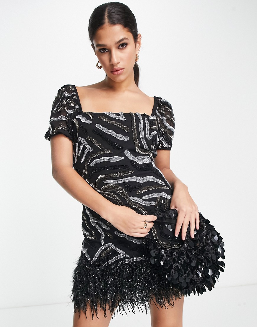 Miss selfridge Premium embellished animal print mini dress with faux feather trim in black - BLACK
