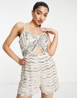 Miss Selfridge Premium embellished butterfly playsuit in silver