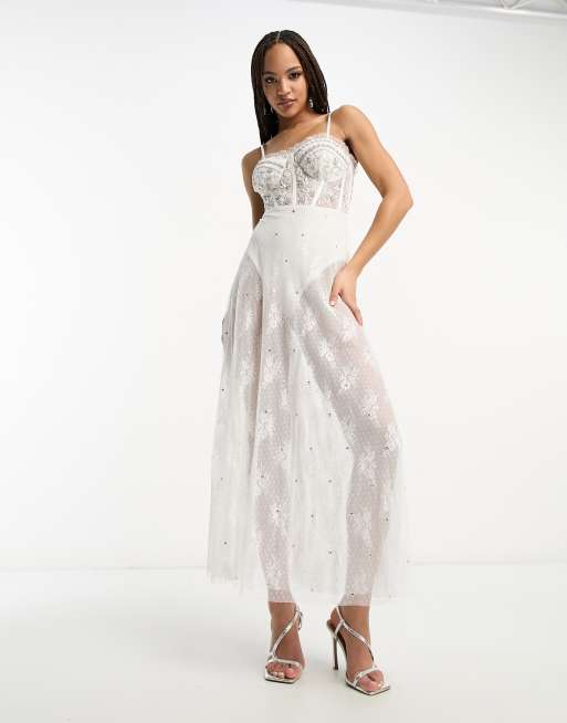 Miss Selfridge Premium embellished cami corset maxi dress in ivory