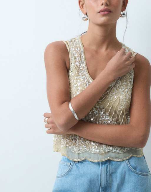 Miss Selfridge premium embellished cami top in gold, 3 of 4