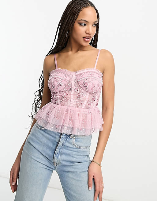 Miss Selfridge Premium embellished corset top in pink | ASOS