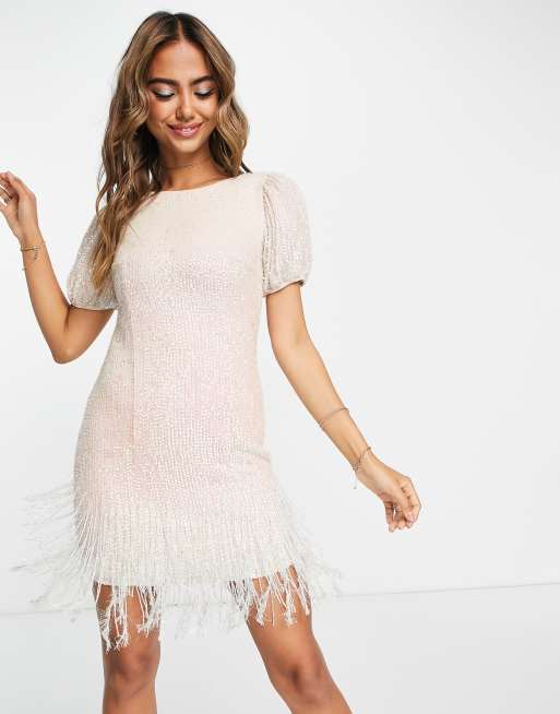 Miss Selfridge Premium embellished faux feather trim mini dress in pink  mermaid